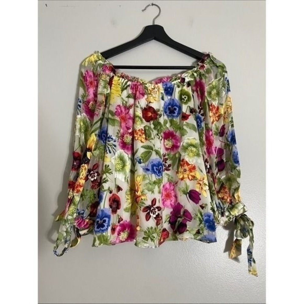 Alice + Olivia Blouse Floral Sheer Off Shoulder Tie Sleeve M Botanical Top